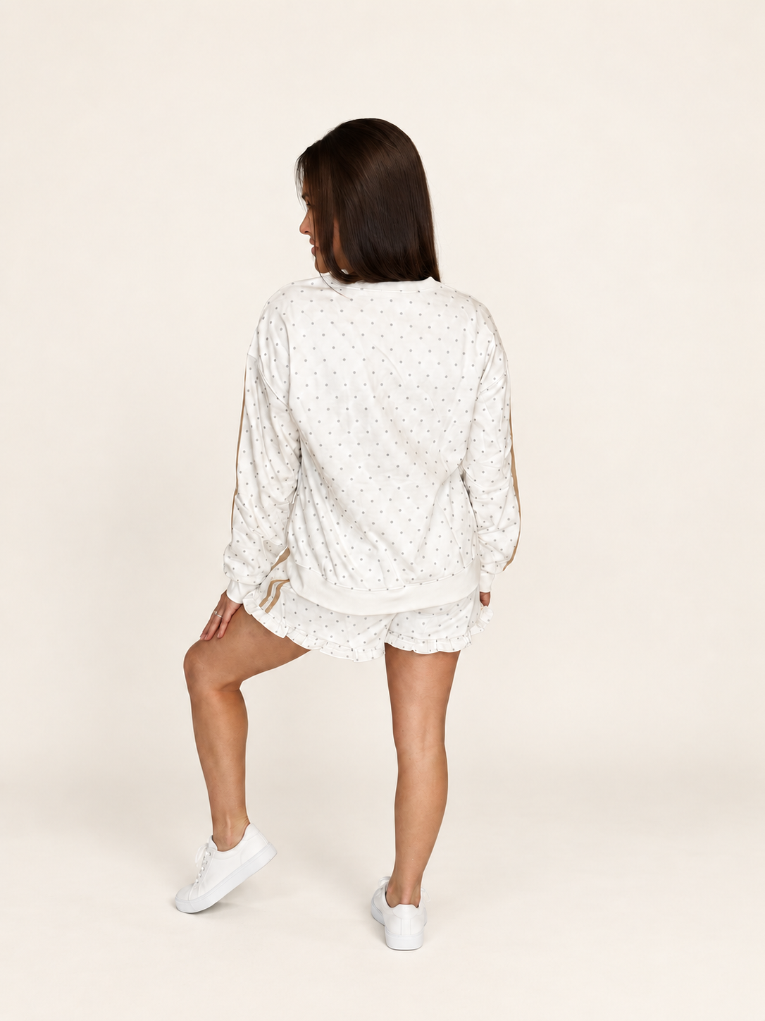 Back view of The Sutton Lounge Set sweatshirt and shorts