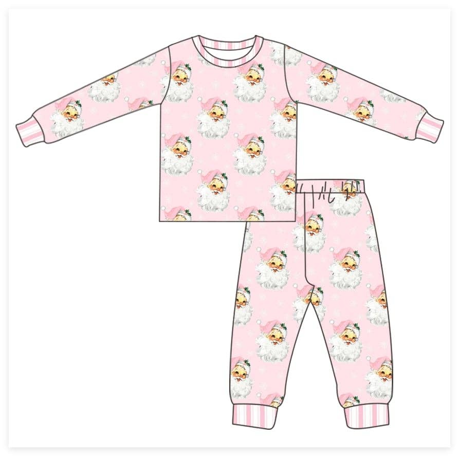 Pink Santa Baby Pajama Set, long-sleeve top and pants with vintage Santa print