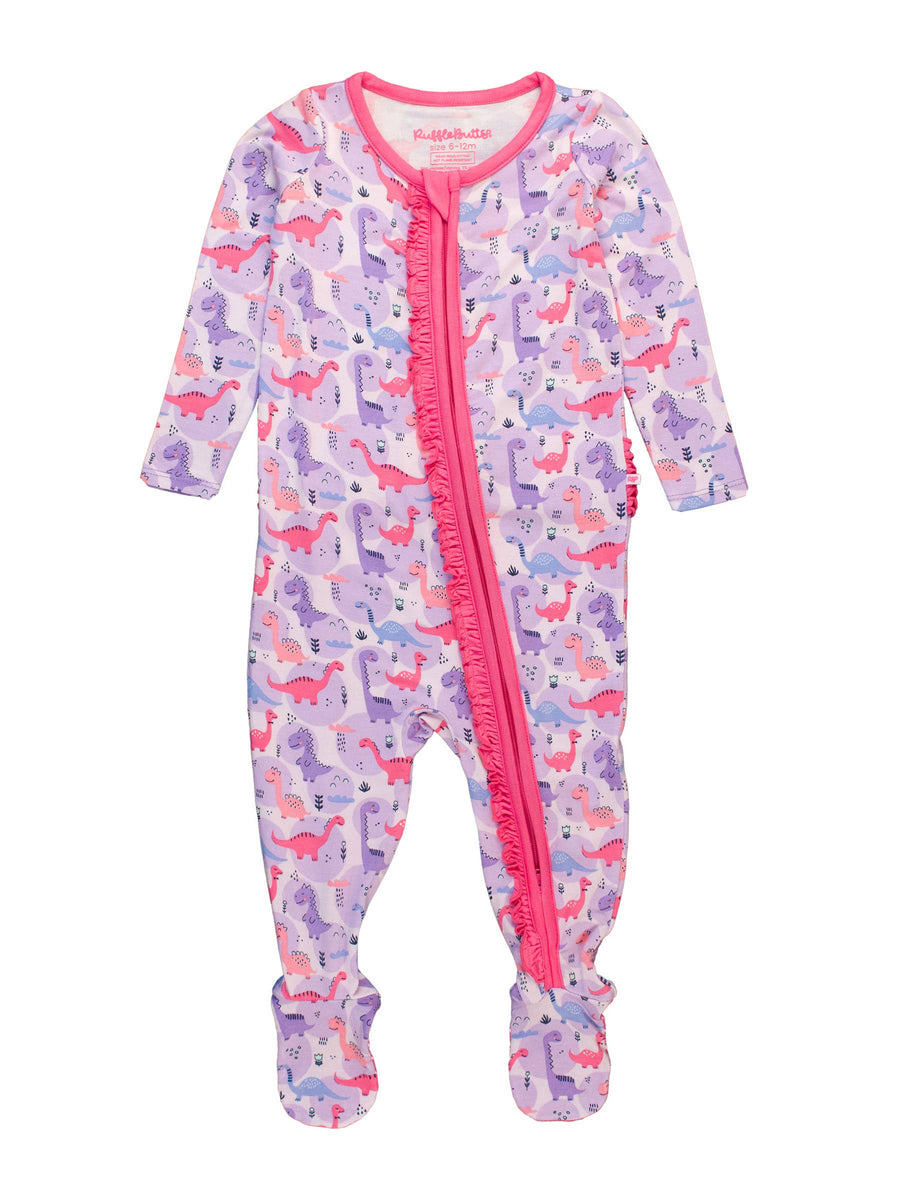 The Darling Dino Sleeper, lavender dinosaur print footed sleeper with pink ruffle zipper, front