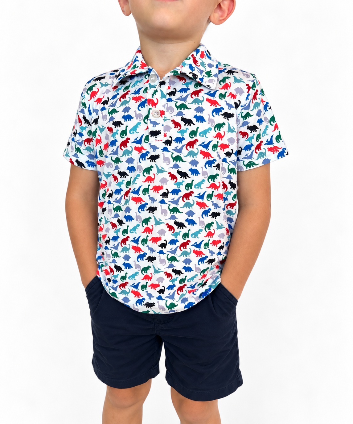 Close-up of The Little Roar Polo dinosaur print