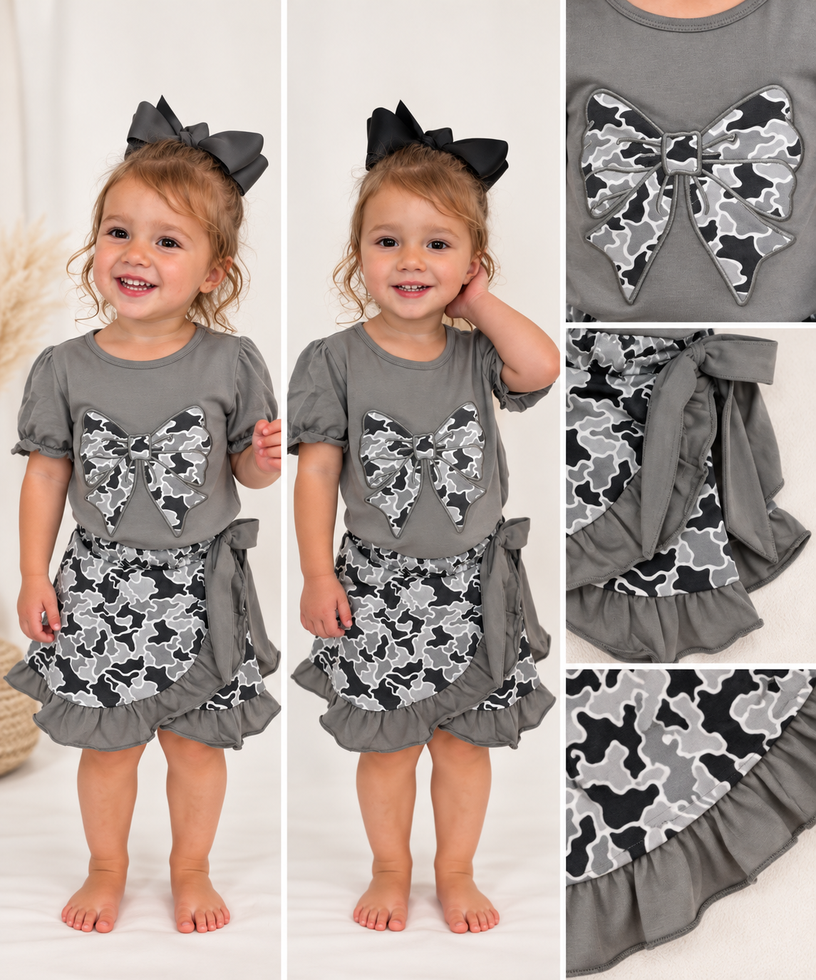 Collage of The Collins Camo Bow Skort Set with bow and ruffle details