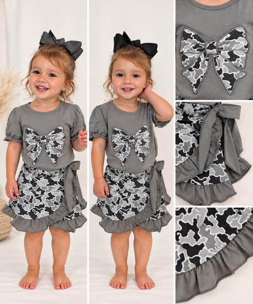 Collage of The Collins Camo Bow Skort Set with bow and ruffle details