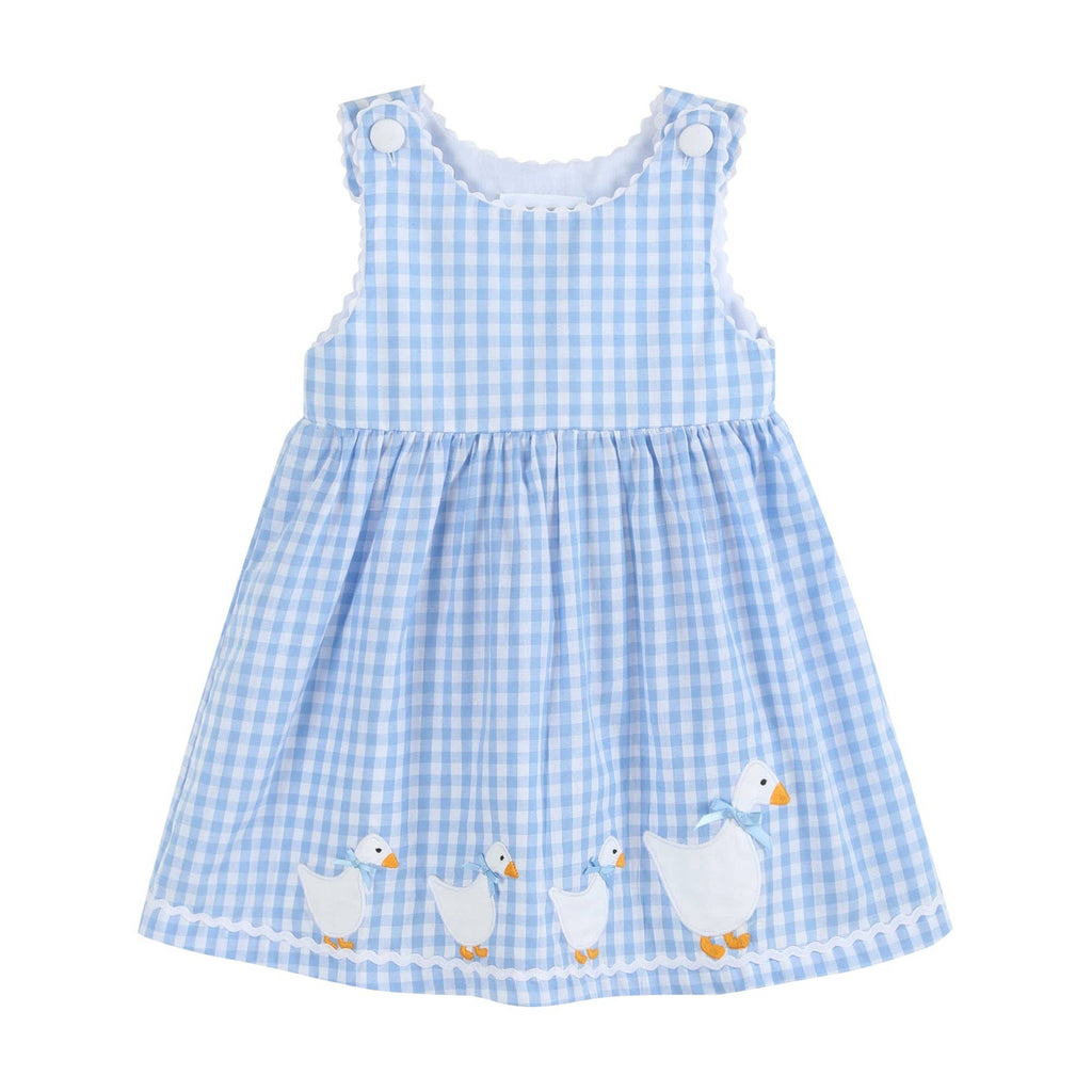 The Little Goose Dress flat front view with goose appliques