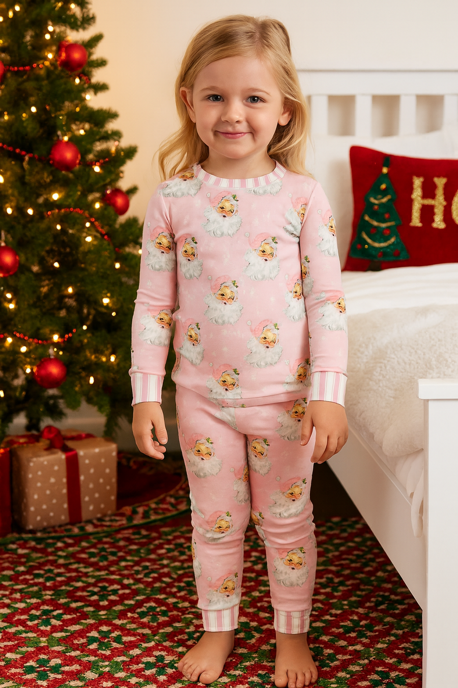 Girl wearing the pink Santa Baby Pajama Set in front of a Christmas tree