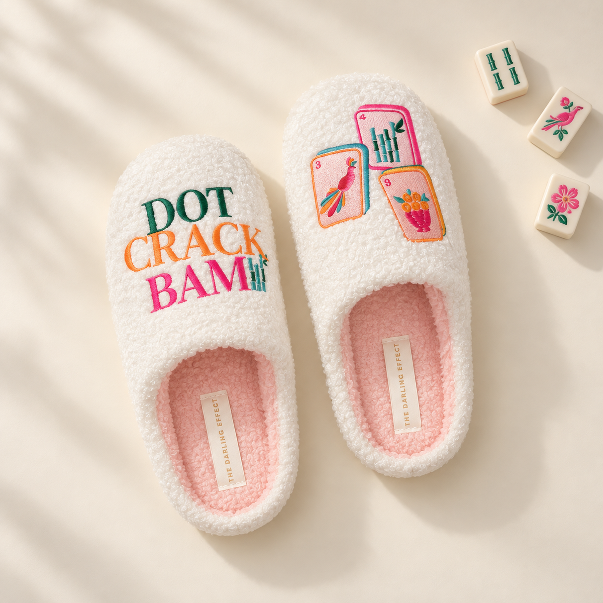 Dot, Crack & Bam slippers, ivory fuzzy house slippers with mahjong tile embroidery