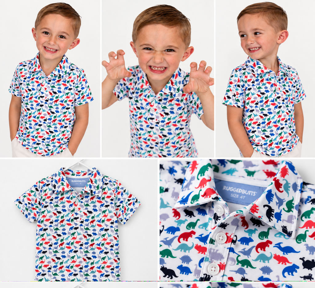 Collage of The Little Roar Polo: boy roaring, flat lay and dinosaur print close-up