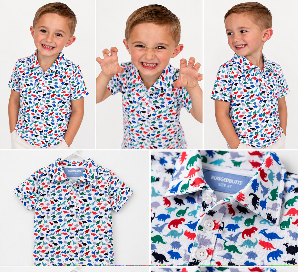Collage of The Little Roar Polo: boy roaring, flat lay and dinosaur print close-up