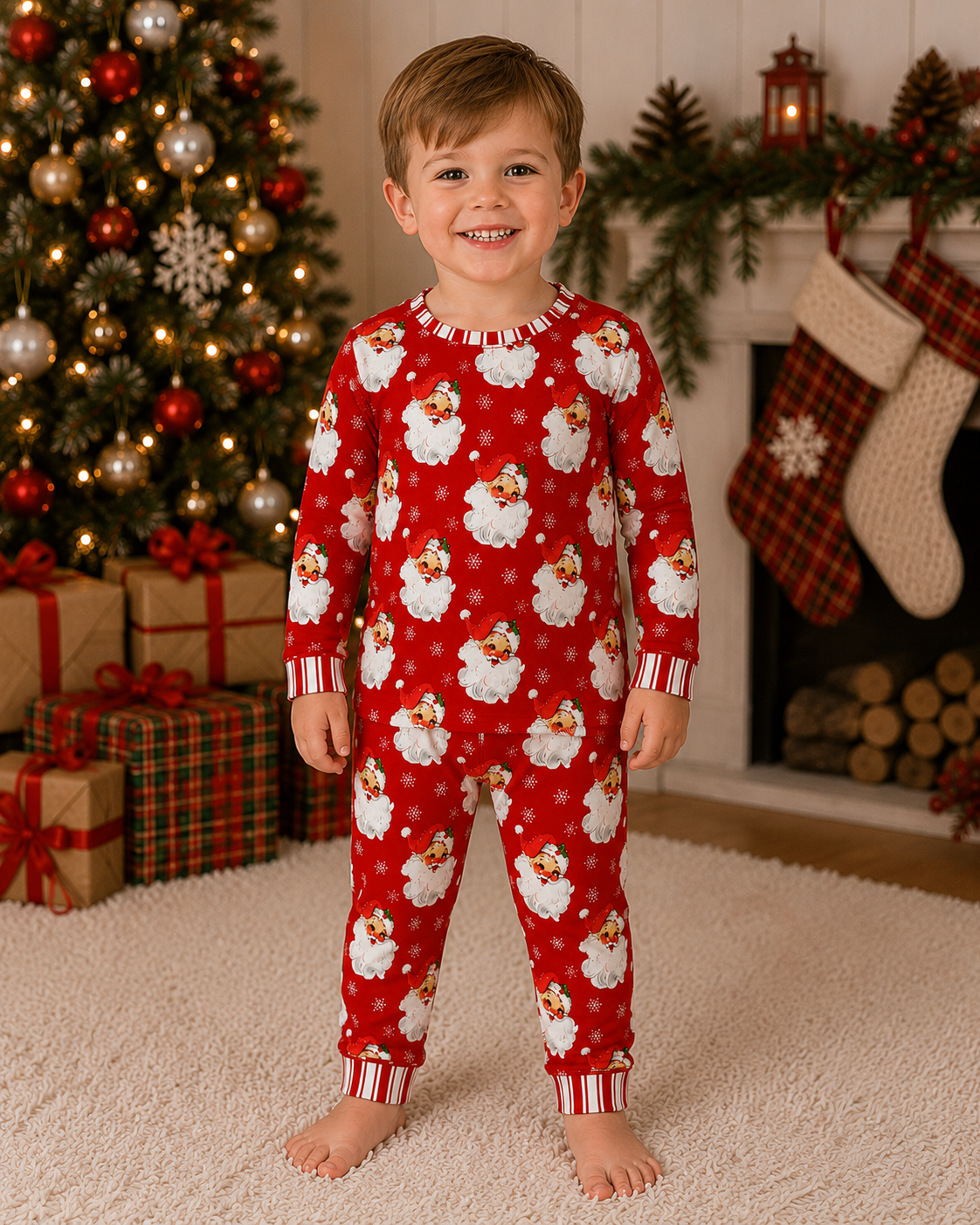 Boy wearing the red Santa Baby Pajama Set by a Christmas tree and stockings