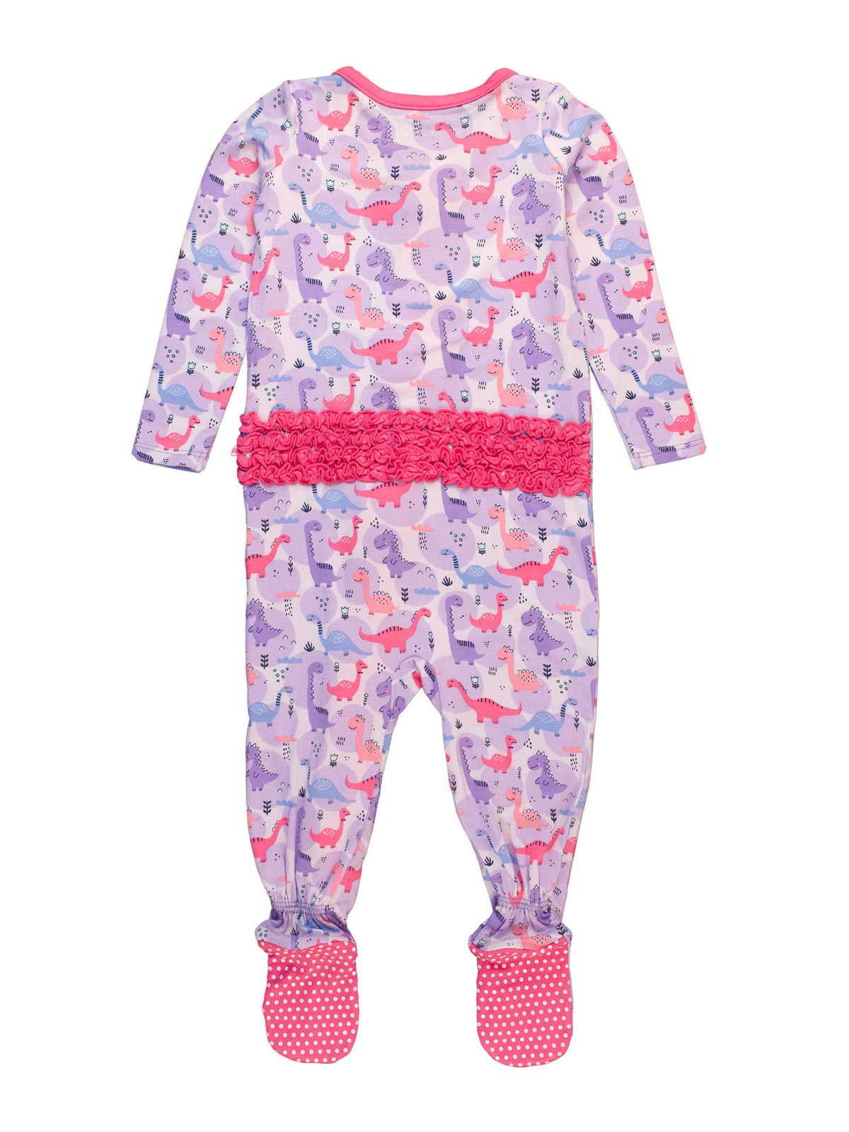 Back view of The Darling Dino Sleeper with pink ruffle bum and grippy feet