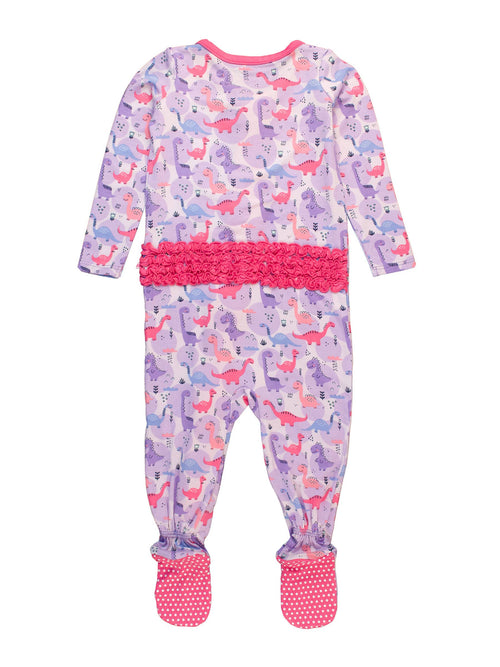 Back view of The Darling Dino Sleeper with pink ruffle bum and grippy feet