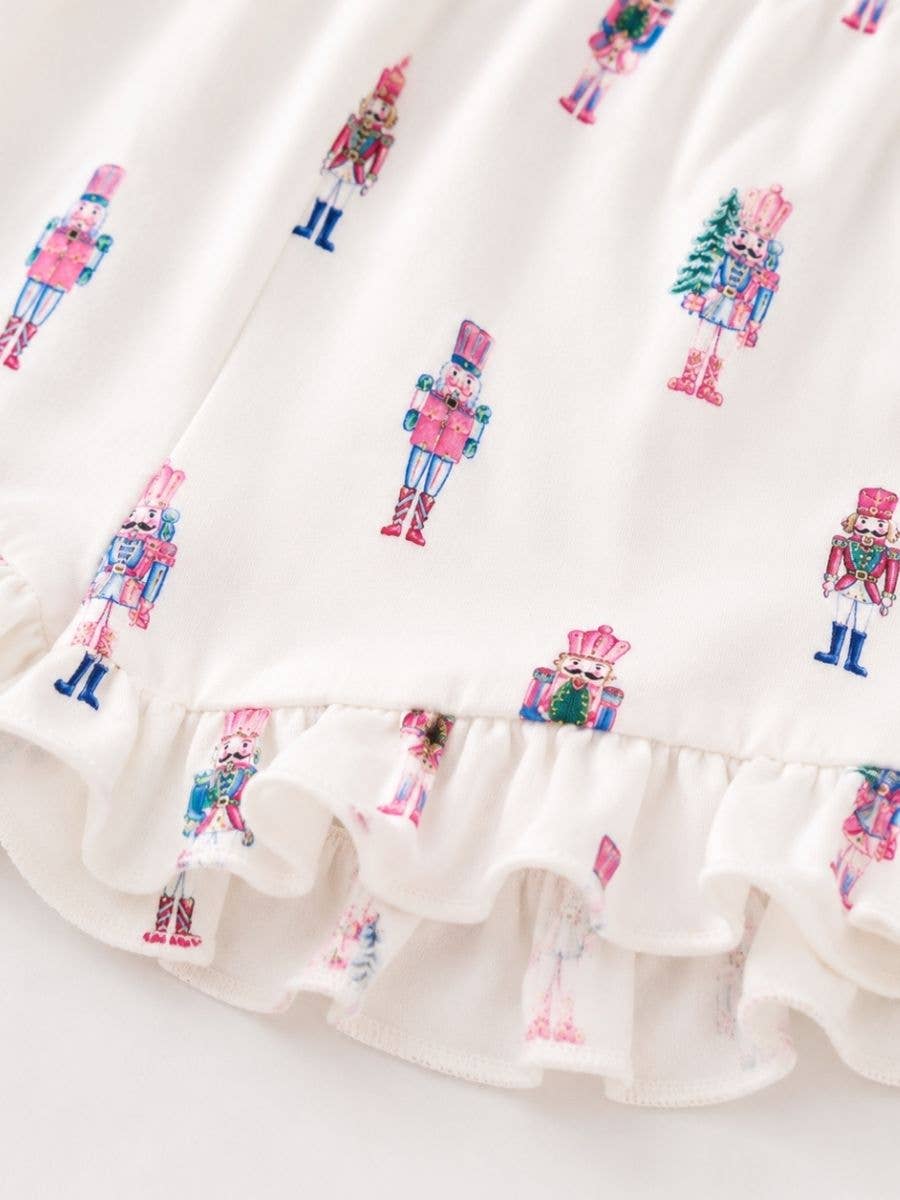 Ruffle hem detail of the Sugar Plum Fairy pajama shorts