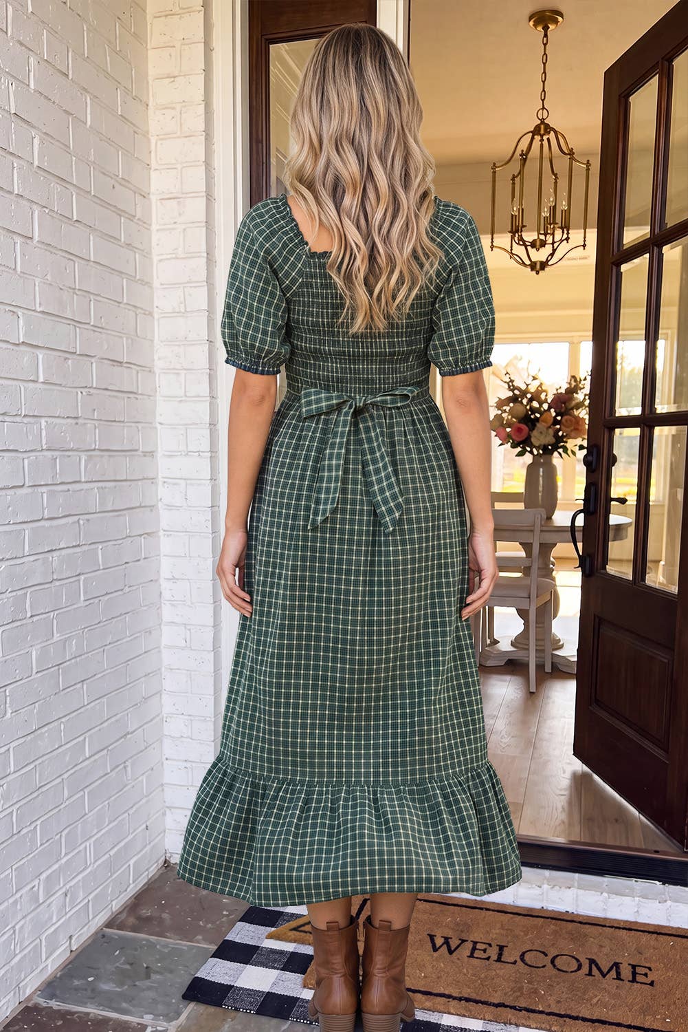 Back view of The Everly Plaid Dress with tie back