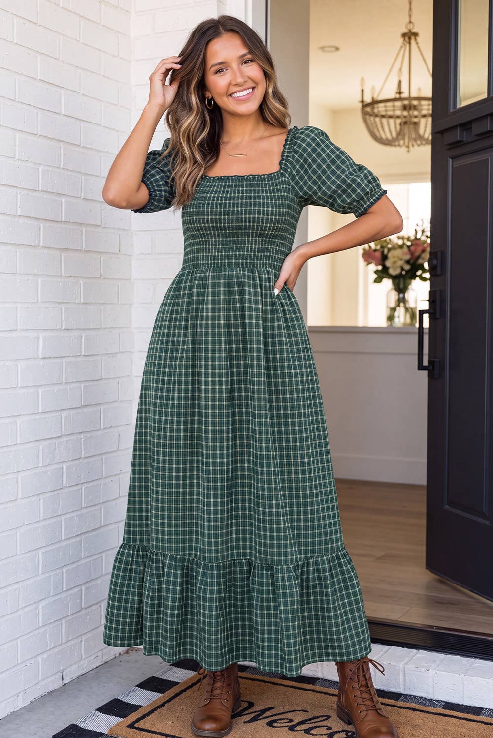 Woman in The Everly Plaid Dress, front view smiling